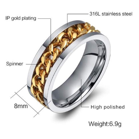 Two Tone Stainless Steel Chain Spinner Band Ring - Picture 3 of 5